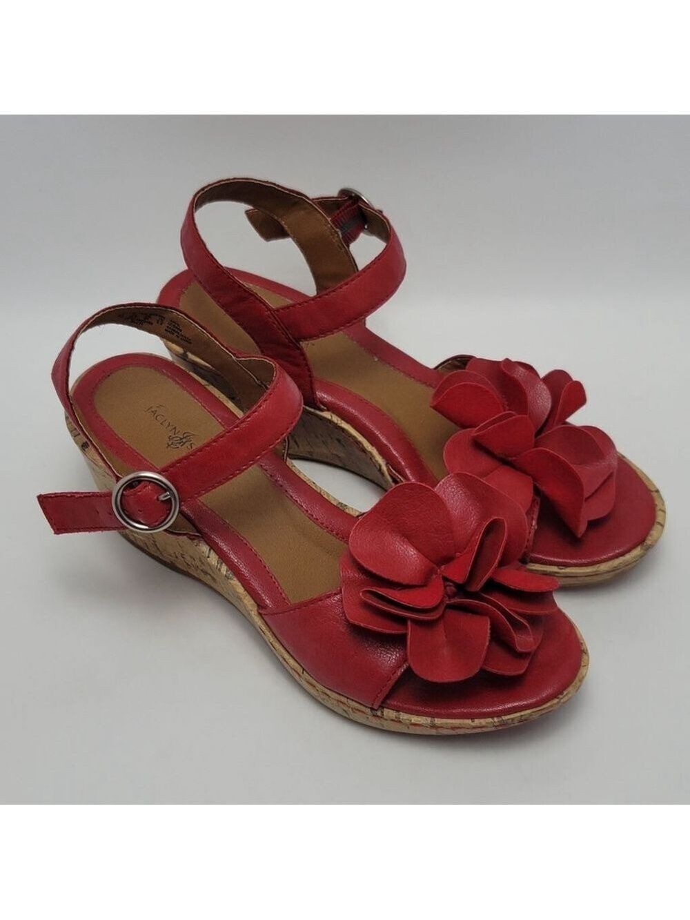 Women's Jaclyn Smith Red Faux Leather Flower Cork Wedge Sandals Size 7M - Picture 2 of 14